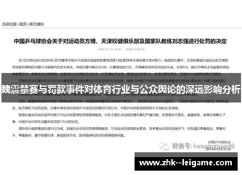 魏震禁赛与罚款事件对体育行业与公众舆论的深远影响分析